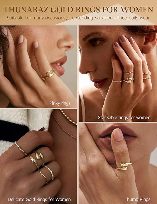 THUNARAZ 14K Gold Plated Rings for Women Non Tarnish Stackable Chunky Rings Cubic Zirconia Thumb Ring Set Dainty Trendy Statement Promise Wedding Bands Engagement Ring for Women Size 6-10