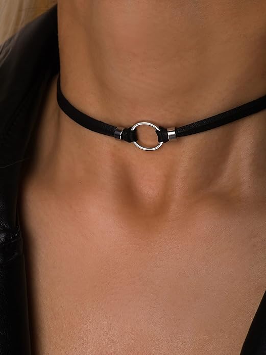 Sacina Goth Hippie O Ring Choker, Black Faux Leather Choker, Halloween Christmas New Year Jewelry Gift For Women