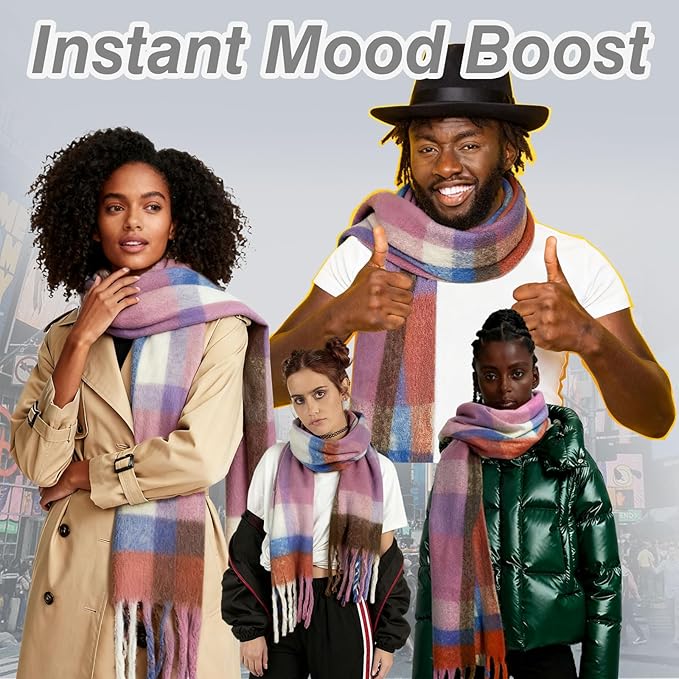 SHOHOKU Large Chunky Plaid Scarf Coloured Checked Oversized Scarf Tassel Soft Fall Winter Thick Warm Shawl Women