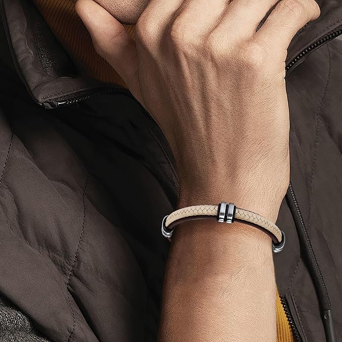 Leather Bracelet for Men with Adjustable Stainless Steel Magnetic Clasp Multi-Layer Braided Mens Leather Bracelet