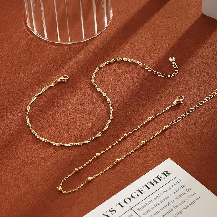 2/3 PCS Gold Anklets for Women Waterproof Cuban Link Anklet Beaded Bracelets Stackable Bracelets 14K Gold Plated Custom Jewelry Gifts Non Tarnish Lightweight