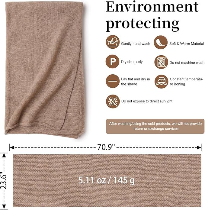 WASALUYA 100% Cashmere Scarf for Women - Knitted Lightweight Travel Wrap, Soft Large Shawl, 71x24 Inches, Luxury Gift