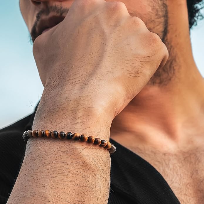 RTZN® Tigers Eye Bracelet for Men – Premium Artisan Handcrafted Golden Brown Tiger Eye Bead Bracelets – Natural Stone Tiger Eye Bracelet Men – Beaded Bracelets for Men