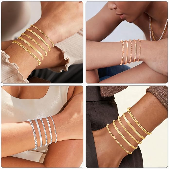 XIANNVXI Gold Plated Bracelets for Women Adjustable 14K Dainty Gold Bracelet Stack for Women Stackable Cuban Link Paperclip Chain Bracelet Set 5PCS Cute Trendy Bracelets for Present