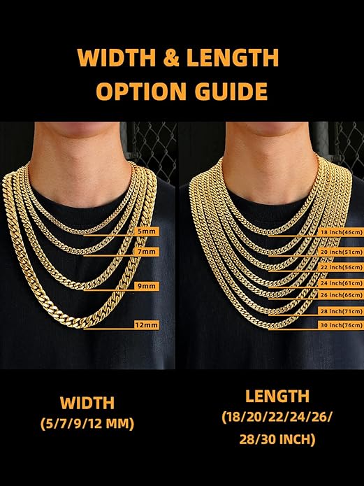 Bestyle Thick Stainless Steel Mens Cuban Link Chain, Black/Gold Chain for Men, No Tarnish & Durable Men Chain Necklace, 5/7/9/12mm Wide, 18"-30" Long, Gift Package