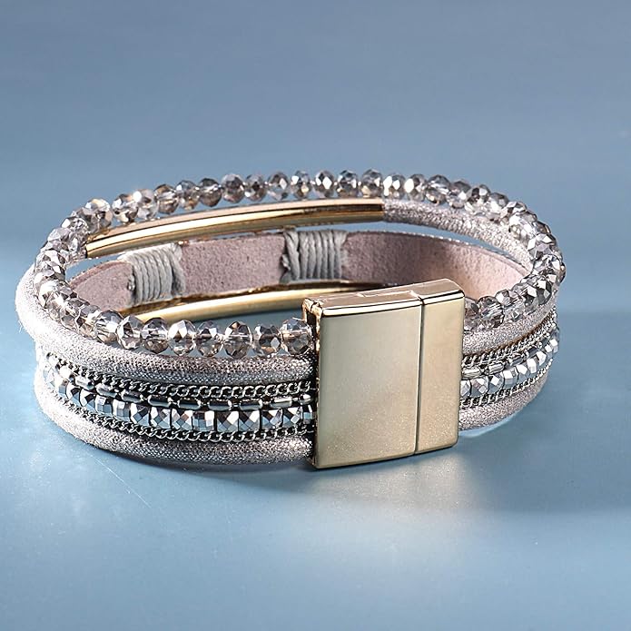 FANCY SHINY Leather Wrap Bracelets Crystal Beads Bracelet Boho Cuff Stone Charm Bracelets with Clasp Costume Jewelry for Women