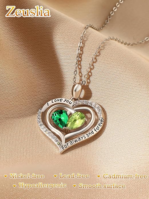 Zeuslia Double Birthstone Necklace Gifts for Wife - 925 Sterling Silver Sunflower/Rose/Crown Cross/Compass/Heart Pendant I Love You Necklace, Anniversary Birthday Gifts for Wife Girlfriend Mom Her