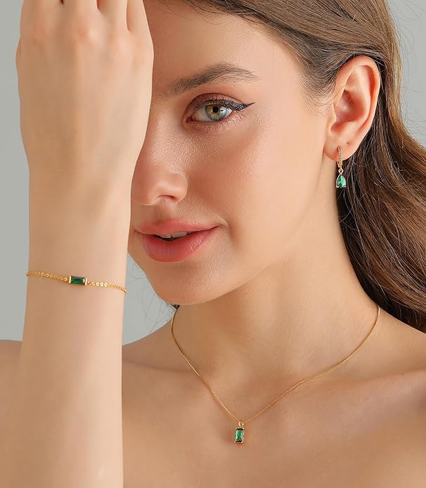 Birthstone 14K Gold Plated Bracelets Earrings Necklaces Jewelry Set， Blue Green May Cubic Zirconia，Friendship Bracelets Jewelry Gifts for Mom Best Friend Birthday