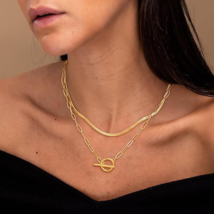 CHESKY 14K Gold Plated Layered Herringbone Necklaces for Women, Trendy Paperclip Snake Chain Necklace Cuban Link Simple Chunky Toggle Clasp Necklace Set Fashion Jewelry