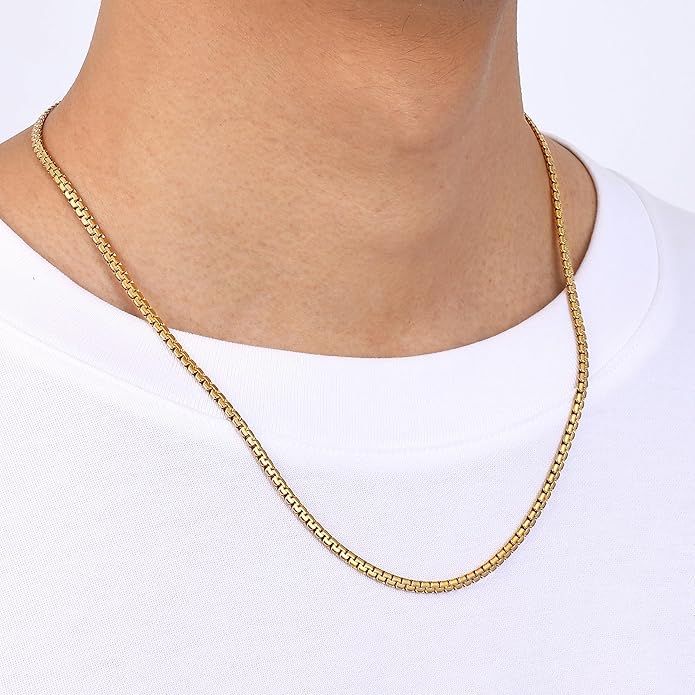 Fiusem Flat Box Chains for Men, 14k Gold Plated Stainless Steel Chain Necklace, 2.5/3/4/4.5/5mm Necklaces for Men and Women 16-28 Inch