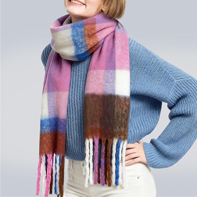 SHOHOKU Large Chunky Plaid Scarf Coloured Checked Oversized Scarf Tassel Soft Fall Winter Thick Warm Shawl Women