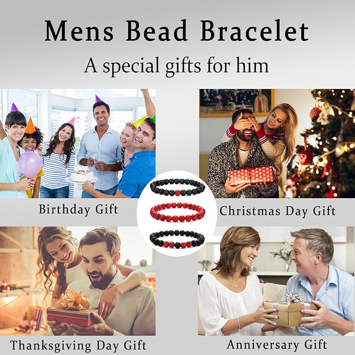RANKEEF Mens Bead Bracelet Set - Adjustable Elastic Rope With 6&8MM Natural Stone Multi-Colored Beads - Tiger Eye Bracelets for Men - Gift