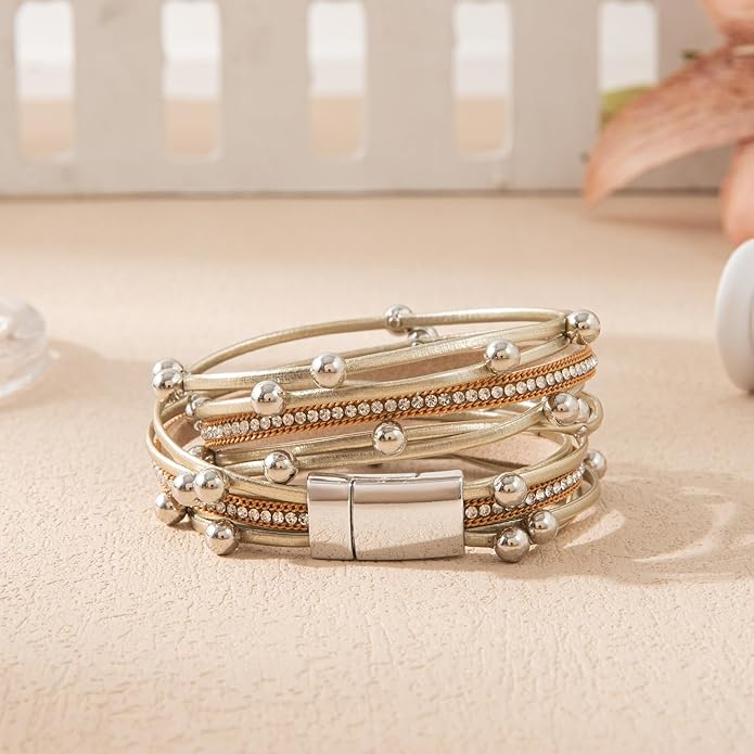 Rantanto Braid Leather Wrap Bracelet Trendy Stackable Crystal Cuff Boho Gold Heart Bracelet Jewelry Gift For Women