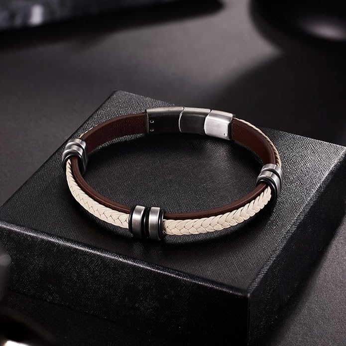 Leather Bracelet for Men with Adjustable Stainless Steel Magnetic Clasp Multi-Layer Braided Mens Leather Bracelet