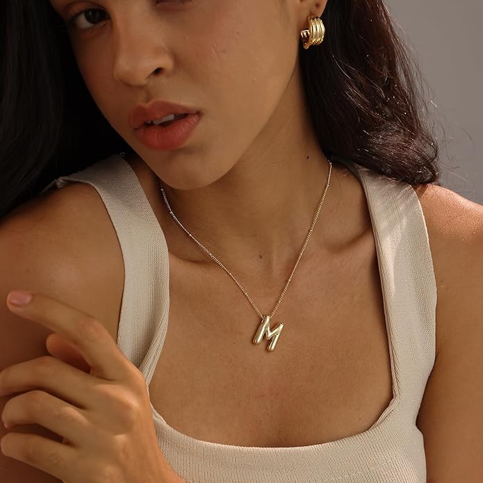 Initial Necklaces for Women, 14k Gold Plated Bubble Letter Necklace Chunky Gold Necklace Dainty Charm Initial Necklaces for Women Trendy Custom Preppy Stocking Stuff Necklace Christmas Gifts