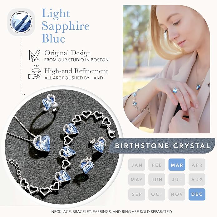 Leafael Infinity Love Heart Link Bracelets, Birthstone or Healing Stone Crystal Bracelet for Women, Silver Tone Jewelry Gifts for Her, 7-inch Chain and 2-inch Extender