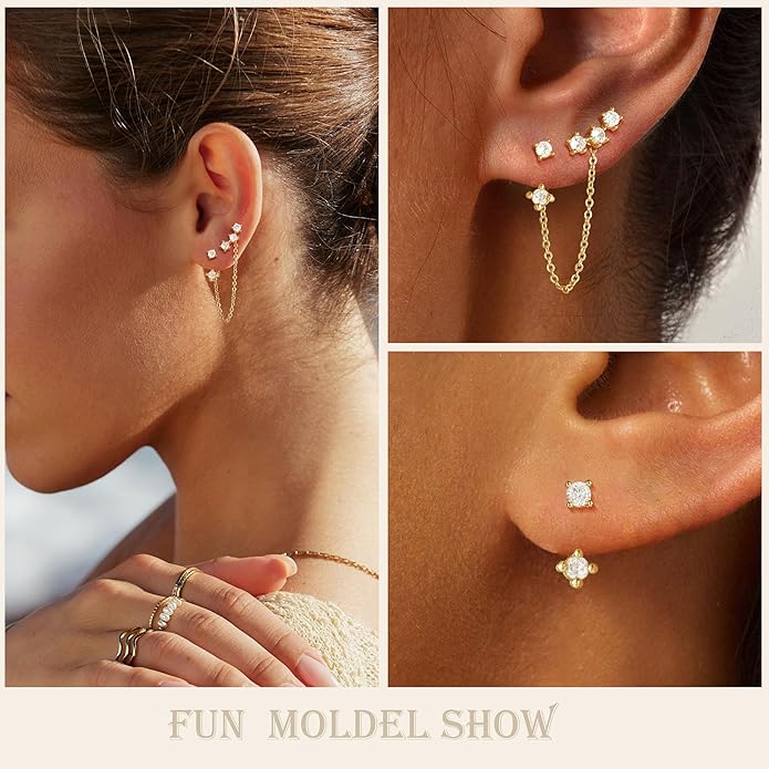 Freekiss Gold Chain Studs Earrings for Women Trendy: Hypoallergenic 14K Gold Plated Dangle Earrings Dainty Small Long Chain Earring Set Fashion Gold Jewelry for Women