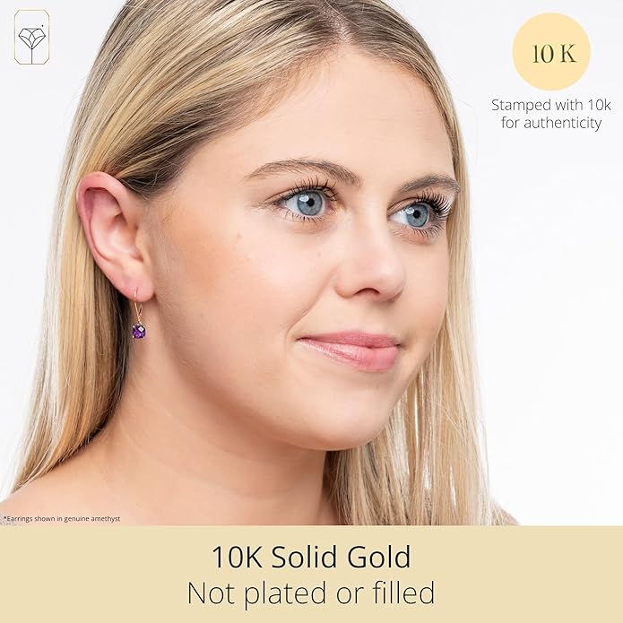 Solid 10K Gold Cushion Cut Dangle Gemstone Earrings for Women | 6mm Gemstone Birthstone Earrings | Checkerboard 10 Karat Gold Dangle Drop Leverback Earring for Women by MAX + STONE