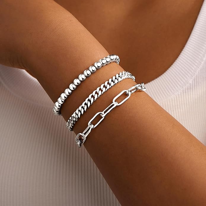 Gold Bracelets for Women Non Tarnish, 14K Gold Plated Chunky Cuff Bracelet Gold Bangles Bracelet for Women Trendy Tie Knot Cuban Rope Paperclip Beaded Bracelet Stack Jewelry Gifts