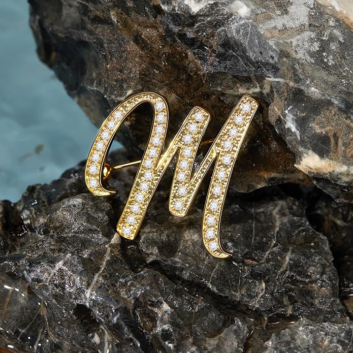 Cicy Bell A-Z Initial 26 Letter Brooch Pins 18k Gold Plated Cubic Zirconia Breastpin Name Personalized Gifts for Women Men