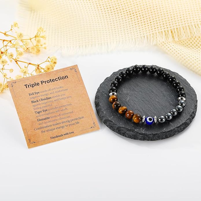 Triple Protection Bracelet for Men, Mens Black Obsidian Hematite Tiger Eye Beaded Natural Stone Evil Eye Bracelet Jewelry Gifts for Birthday Christmas