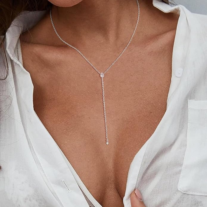 Lariat Necklace for Women, Dainty Long Necklaces, 14k Gold/Silver Plated Y-Shaped Drop Chain Necklace, Simple Layered Necklaces, Trendy Jewelry Gifts for Her