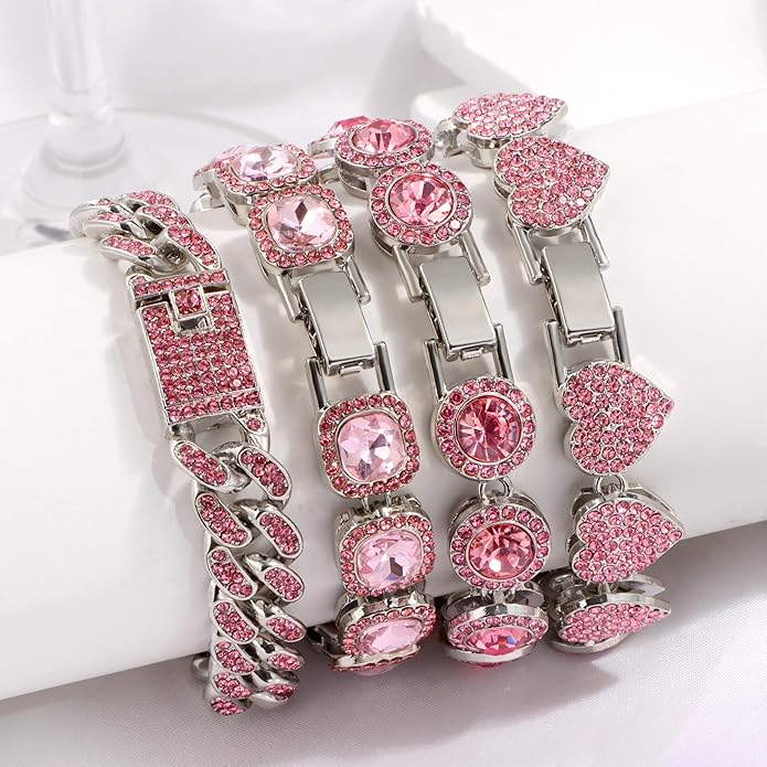 shopbyskyler 4PCS Gold Bracelets for Women Silver Clustered Tennis Bracelet for Women Heart Round Diamond Cuban Bracelet Layered Link Bracelet Set Fashion Jewelry for Women Set