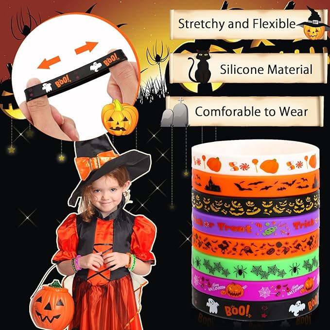 JUNEBRUSHS 64pcs Halloween Party Favors Silicone Bracelets Rubber Wristbands for Halloween Party Trick or Treat Goodie Bag Stuffers Fillers Decorations Accessories Supplies(8 Designs)