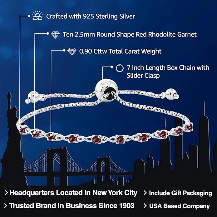 Gem Stone King Round Gemstone Birthstone Tennis Bracelet For Women | 925 Sterling Silver | 2.5MM Round | Fits Up To 9 Inch Wrist | Adjustable Bolo Bracelet For Women | Easy-On Easy-Off