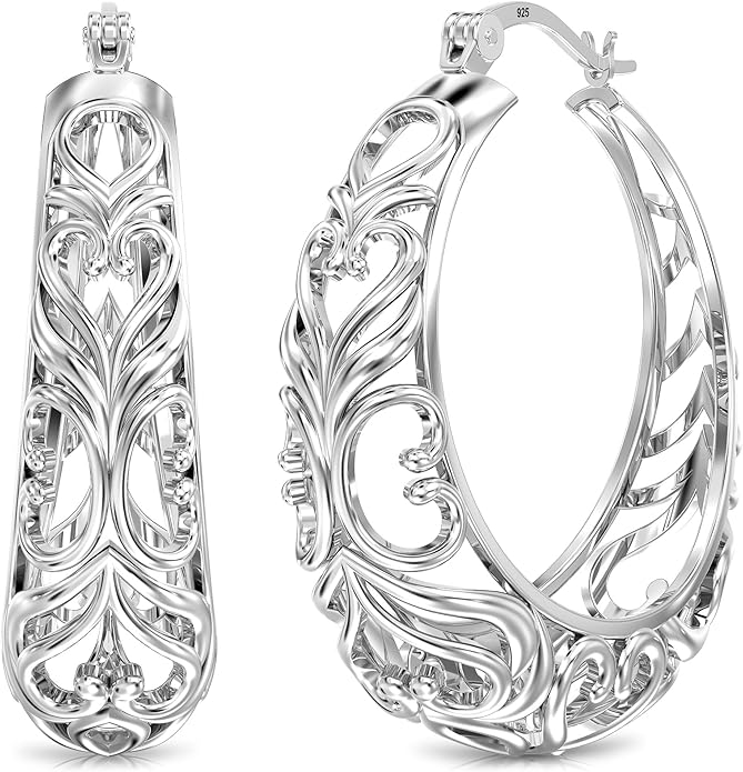LeCalla 925 Sterling Silver Hoop Earrings | Women's Filigree Hoop Earrings | Openwork Mesh Filigree Cut Earring | Lightweight & Hypoallergenic Vintage Hoop Earrings for Women