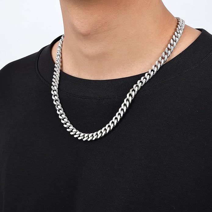Fiusem Valentines Day Gifts for Him Silver Tone/Black/14K Gold Plated Chain Necklace for Men, 5mm/6mm/7.5mm/8mm/9mm Stainless Steel Cuban Link Chain Necklace, Men's Chains 18-28 Inch Jewelry Gifts