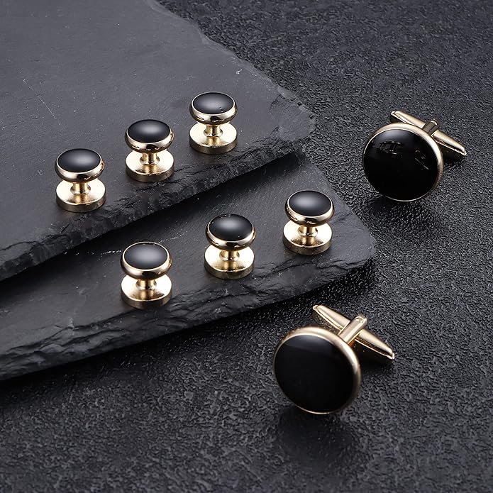 ORAZIO Cuff Links Mens Stainless Steel Cuff Links and Studs Set Gold Black Cufflinks for Men Tuxedo Studs Buttons for Formal Kit Business or Wedding Shirts