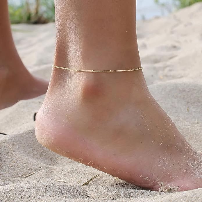 Pencros Dainty Layered Anklet,14K Gold Filled Cute Beads Satellite Chain Heart Boho Adjustable Anklets for Women