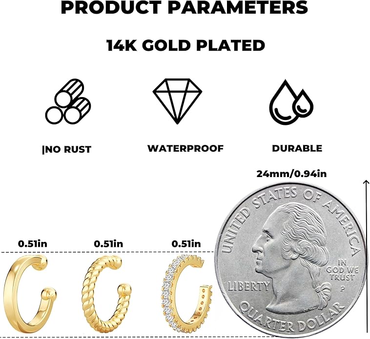 Gold Ear Cuffs Earrings for Women Non Piercing - Clip on Cartilage Earrings Dainty 14K Gold Sterling Silver Plated Cubic Zirconia Huggie Hoop Earring for Women No Tarnish Trendy Jewelry Set