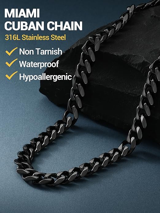 PROSTEEL Miami Cuban Link Chain for Men, 18K Gold/Black/Stainless Steel Necklace,6mm/9mm/12mm Width, Upgrade Clasp & Durable Chain for Mens Womens Jewelry,18"-30",with Gift Box