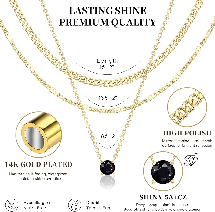 WomenGifts Layered Gold Necklaces for Women, 14K Gold Sterling Silver Plated Dainty Pendant Necklace Set with Cubic Zirconia Circle, Chunky Stackable Cuban Chain Choker, Trendy Personalized Birthstone Jewelry Gift Non Tarnish