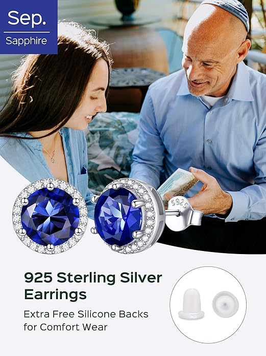 ChicSilver 925 Sterling Silver Birthstone Earrings for Women, 8MM/2 Carat Heart & Round Cubic Zirconia Stud Earrings, Hypoallergenic Jewelry, Ideal Birthday or Christmas Gifts
