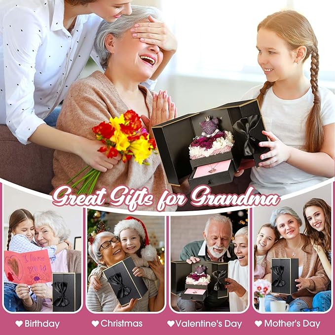 ADDWel Great Gifts for Grandma, Preserved Real Roses with I Love You 100 Languags Grandma Necklace, Cute Bear and Meaningful Eternal Roses for Grandmother Nana Birthday
