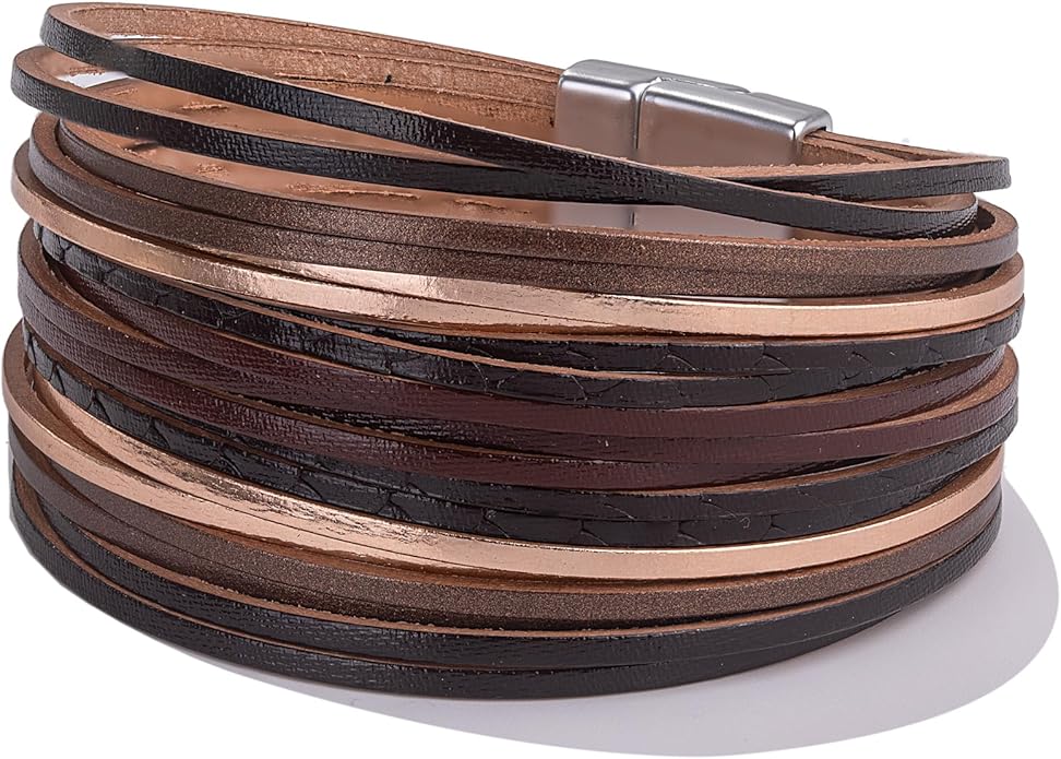 FANCY SHINY Boho Leather Wrap Bracelet Stackable Layered Bangle Cuff with Magnetic Clasp