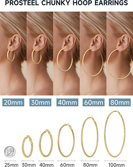 PROSTEEL 30/40/60/80/100mm Chunky Hoop Earrings For Women Gold Plated/Black Stainless Steel Hoops Earrings Statement Jewelry