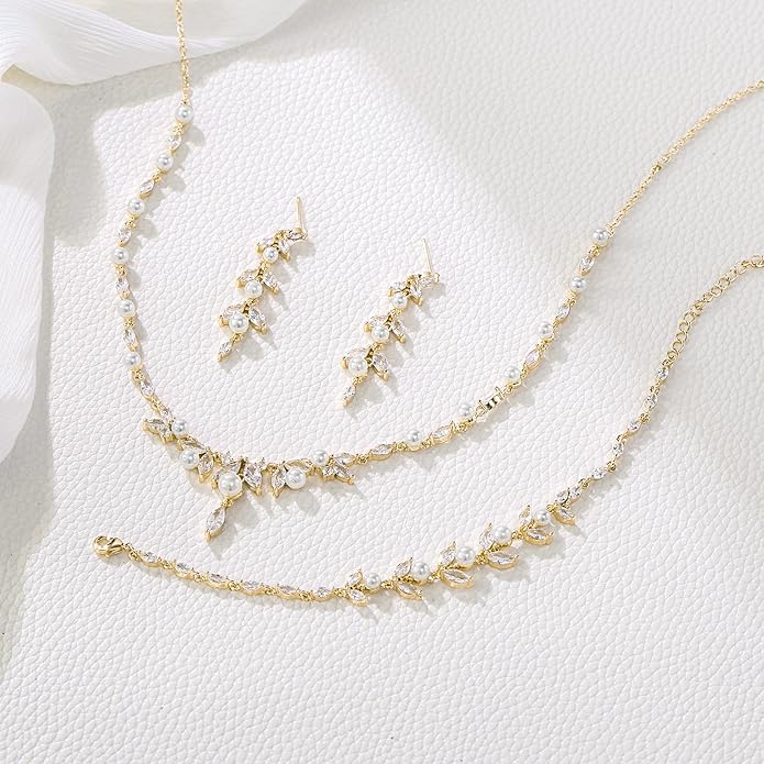 EleQueen Women's Simulated Pearl Wedding Jewelry Set, Cubic Zirconia Marquise Floral Bridal Necklace Earrings Bracelet Sets