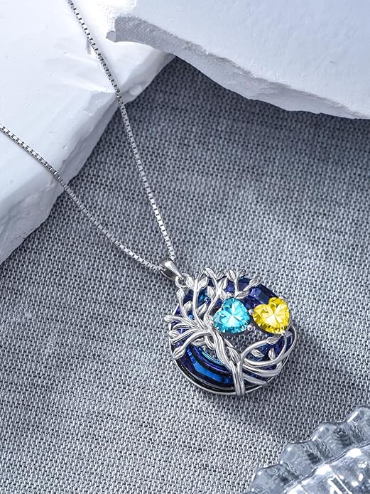 TOUPOP s925 Sterling Silver Family Celtic Tree of Life Pendant Necklaces with 2 Heart Birthstone with Blue Austrian Crystal Jewelry Birthday Anniversary Christmas Gifts for Her Wife Girlfriend Mom (18K Real White Gold Filled)