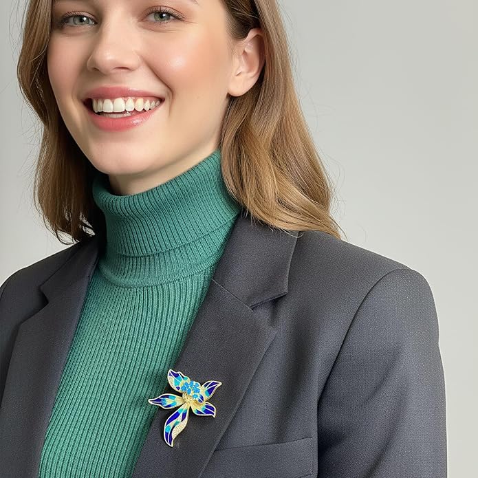 Multi-Color Enamel Flower Brooch For Women Gold Tone with Blue Zircon Crystal Accents, Vibrant Brooches Pin for Dresses Blazers