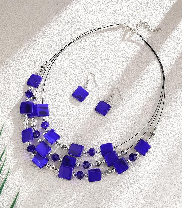 Layered Beaded Statement Necklaces for Women Square Shell Bead Collar Necklace and Earring Set Birthday Gifts Boho Jewelry Sets for Women