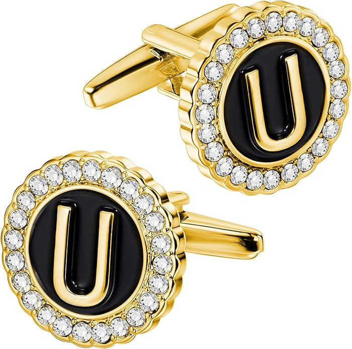 HAWSON A-Z Initial Cufflinks for Men and Women with Clear Crystal, Gold Silver Color Rasied Letter A-Z Cuff Links for French Shirt, Gift for Normal and Business Wearing