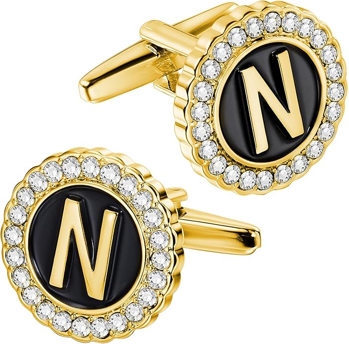 HAWSON A-Z Initial Cufflinks for Men and Women with Clear Crystal, Gold Silver Color Rasied Letter A-Z Cuff Links for French Shirt, Gift for Normal and Business Wearing