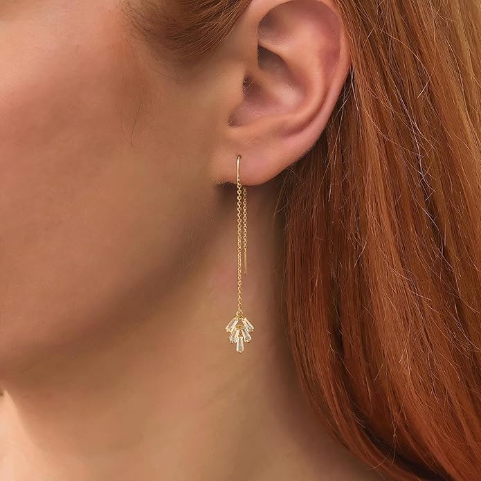 Gold Earrings for Women,Dainty 14k Gold Plated Pearl Drop Earring Dangle Pearl Dangling Earrings for Women Trendy Small Cute Wedding CZ Earring Long Chain Threader Prom Jewelry Gifts