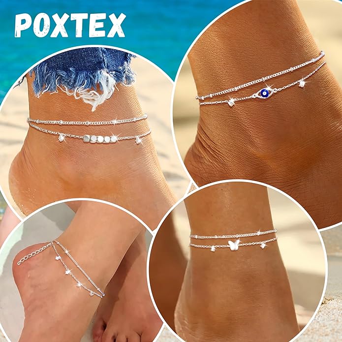 Sterling Silver Anklet Bracelets for Women Waterproof, 925 Sliver Plated CZ & Heart Charm Dainty Layer Anklets for Women Trendy, Simple Chain Anklets Set Gifts for Women, Jewelry Gifts for Her Women Mom Wife Girlfriend