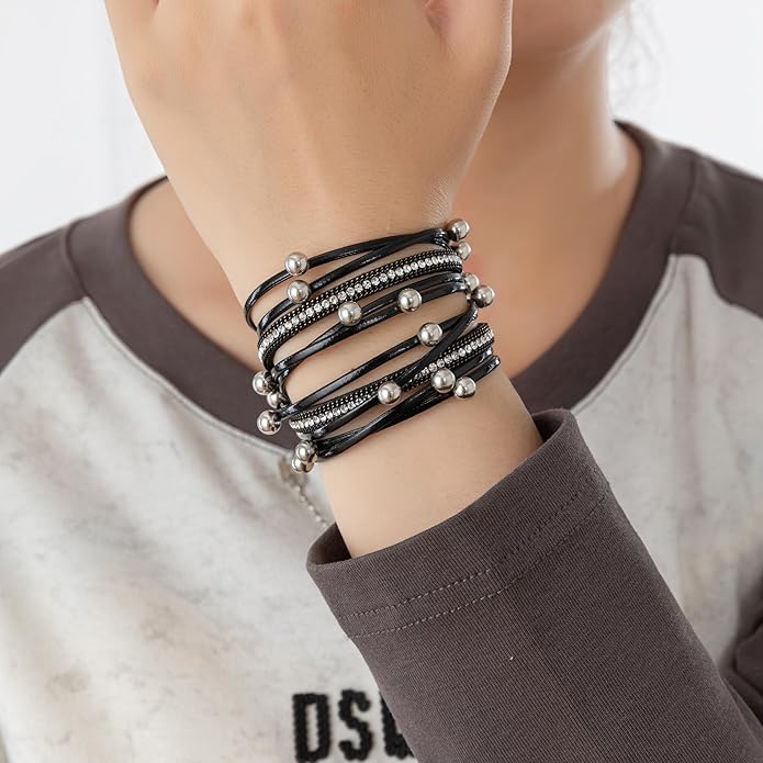 Rantanto Braid Leather Wrap Bracelet Trendy Stackable Crystal Cuff Boho Gold Heart Bracelet Jewelry Gift For Women