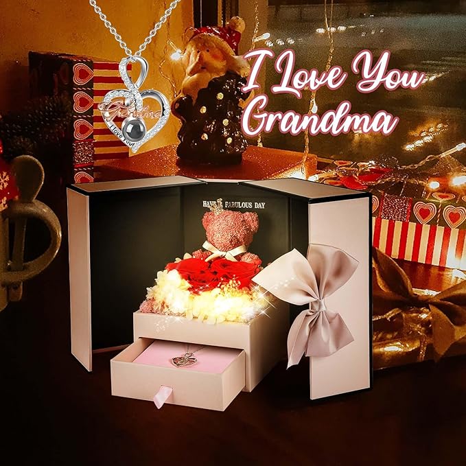 ADDWel Great Gifts for Grandma, Preserved Real Roses with I Love You 100 Languags Grandma Silver Necklace, Cute Bear and Eternal Roses for Grandmother Nana Birthday Christmas Valentines Day
